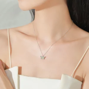Colored Enamel Shiny Butterfly Pendant Necklace 925 Sterling Silver