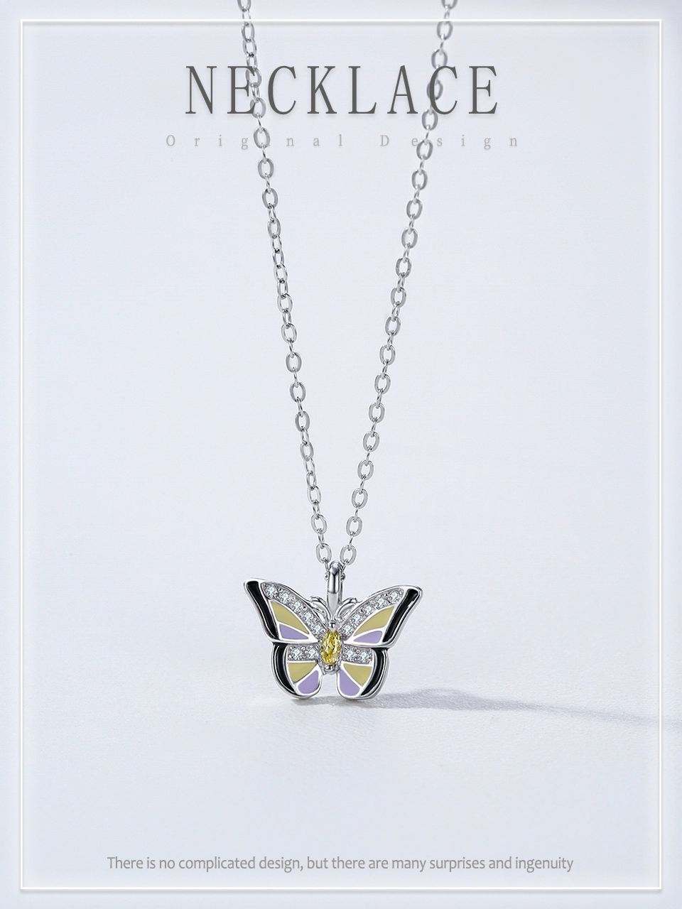 Colored Enamel Shiny Butterfly Pendant Necklace 925 Sterling Silver