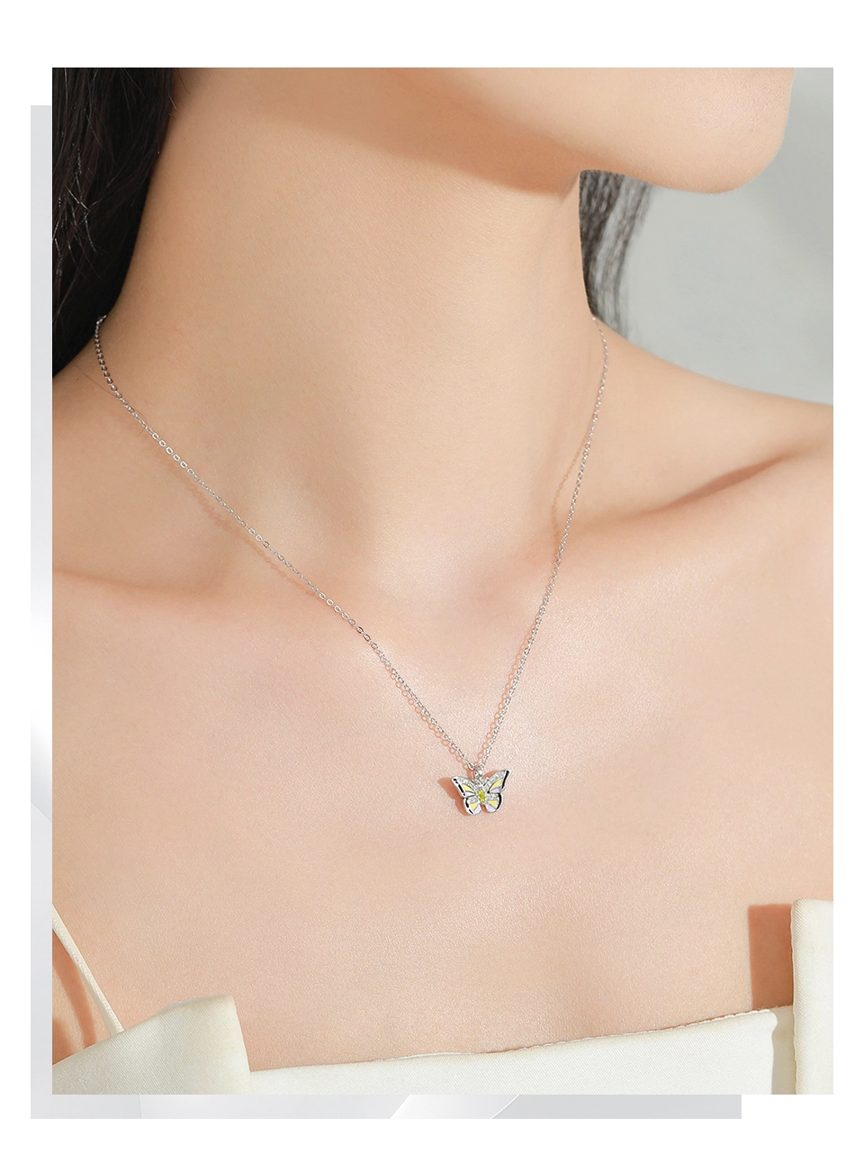 Colored Enamel Shiny Butterfly Pendant Necklace 925 Sterling Silver