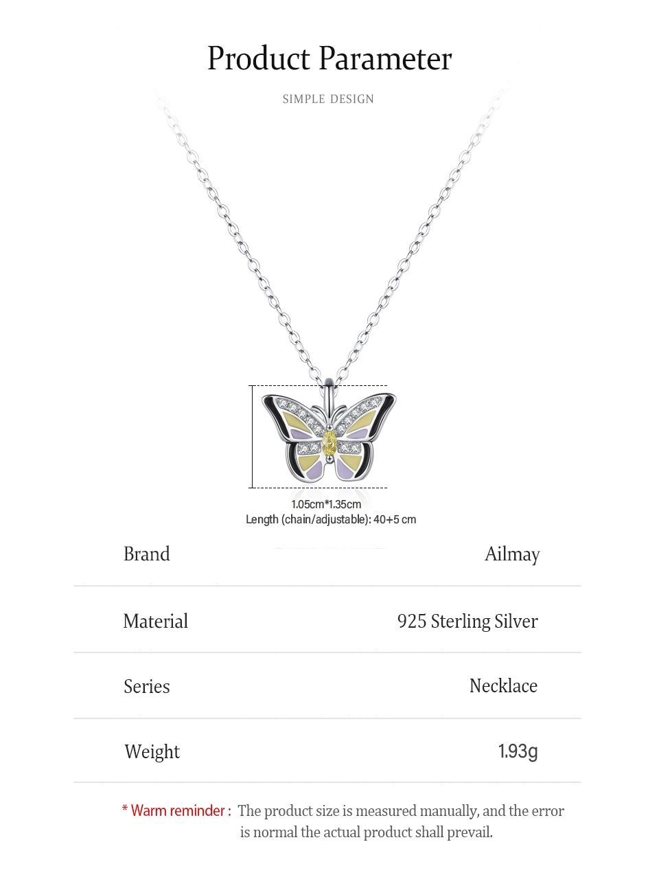 Colored Enamel Shiny Butterfly Pendant Necklace 925 Sterling Silver