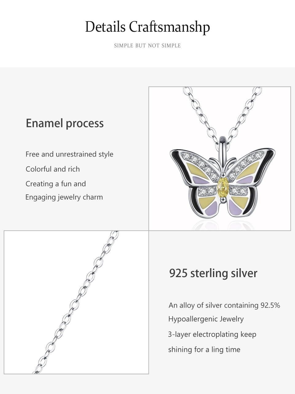 Colored Enamel Shiny Butterfly Pendant Necklace 925 Sterling Silver