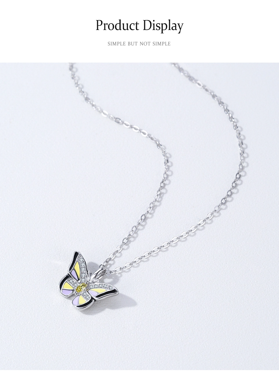 Colored Enamel Shiny Butterfly Pendant Necklace 925 Sterling Silver