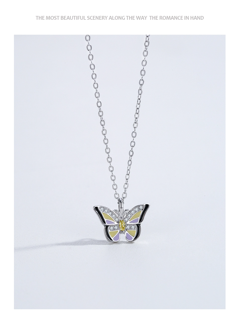 Colored Enamel Shiny Butterfly Pendant Necklace 925 Sterling Silver