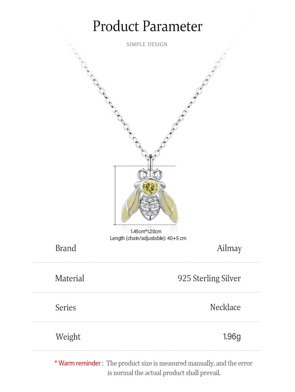 Cute Yellow Little Bee Pendant Necklace Zircon 925 Sterling Silver