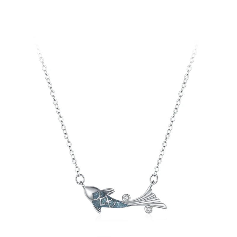 Glitter Zircon Blue Enamel Fish Necklace New 925 Sterling Silver