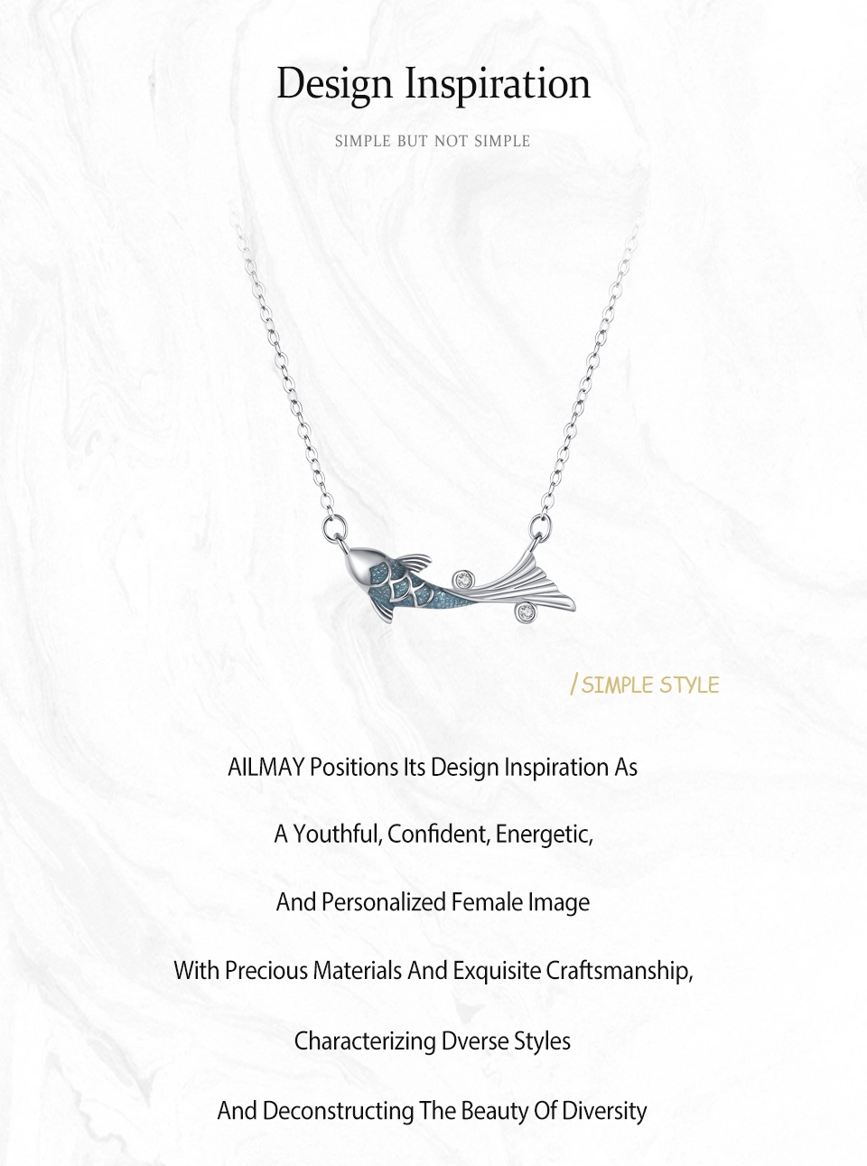 Glitter Zircon Blue Enamel Fish Necklace New 925 Sterling Silver