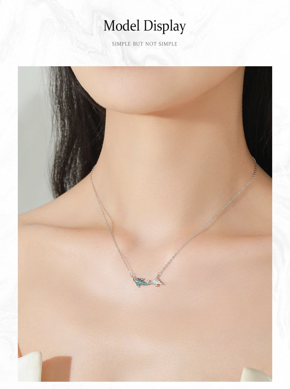 Glitter Zircon Blue Enamel Fish Necklace New 925 Sterling Silver
