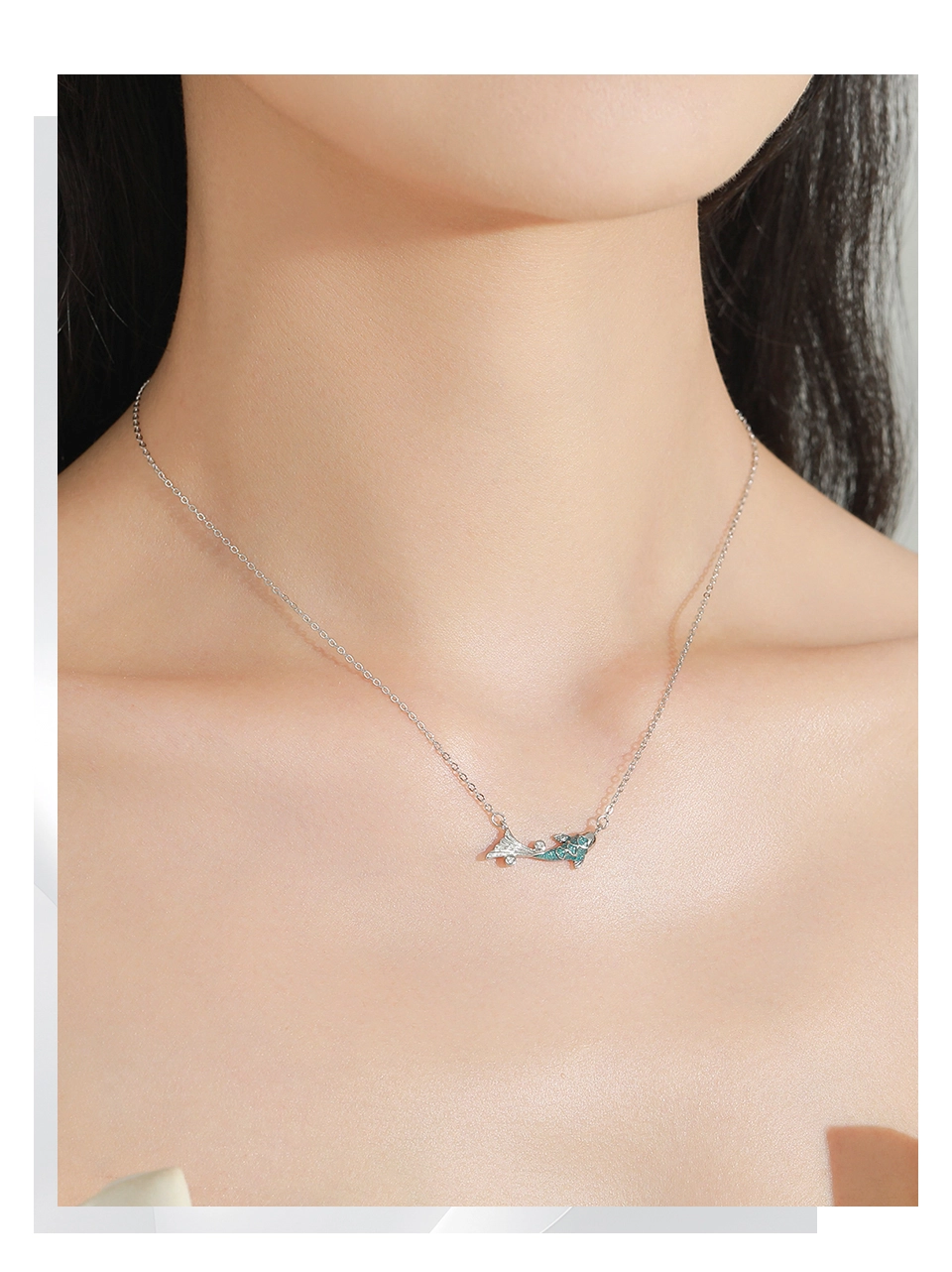 Glitter Zircon Blue Enamel Fish Necklace New 925 Sterling Silver