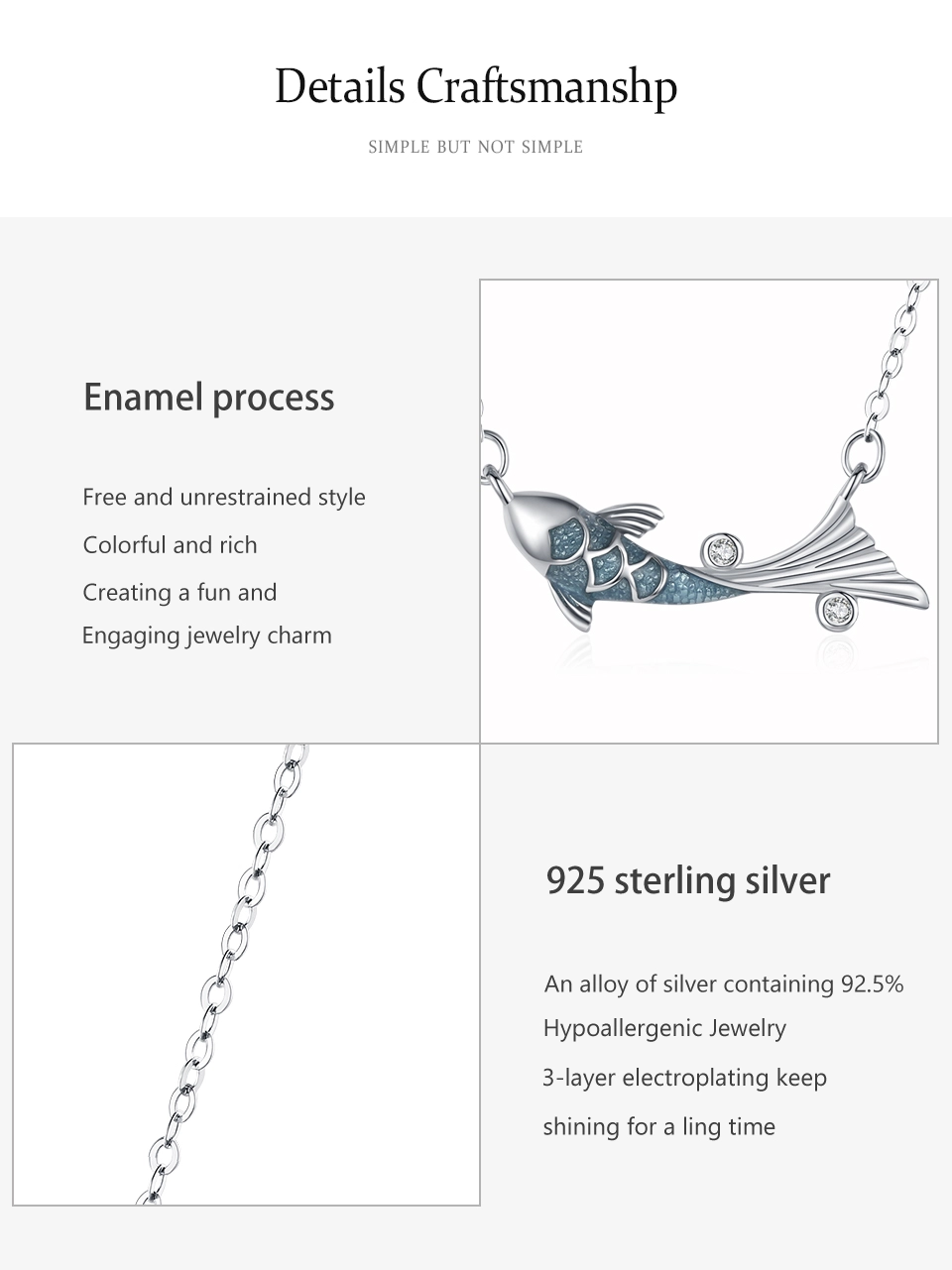 Glitter Zircon Blue Enamel Fish Necklace New 925 Sterling Silver