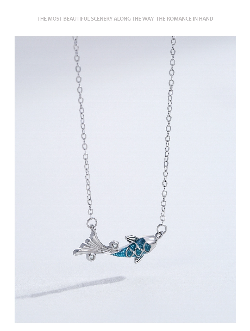 Glitter Zircon Blue Enamel Fish Necklace New 925 Sterling Silver