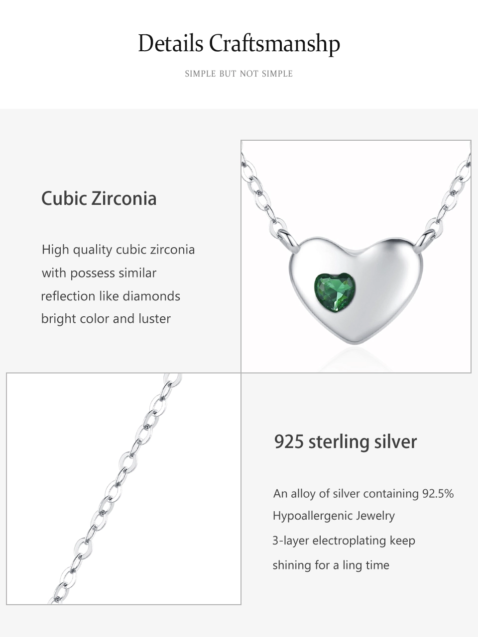 Classic Green Love Heart Pendant Necklace 925 Sterling Silver