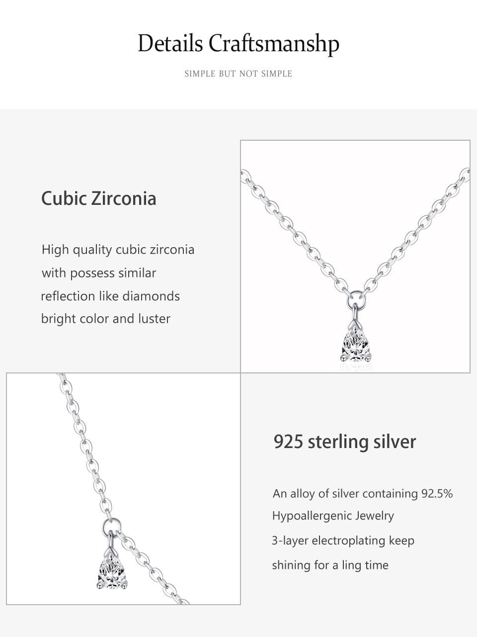 Zircon Water Drop Pendant Necklace Real 925 Sterling Silver