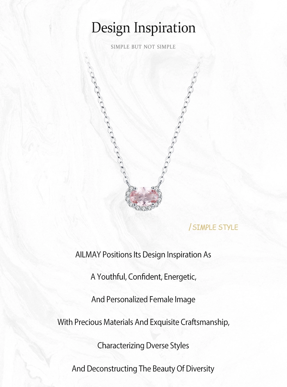 U Shape Pink Zircon Pendant Necklace Real 925 Sterling Silver