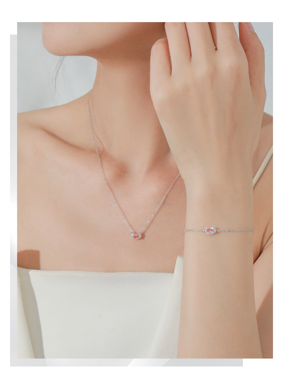 U Shape Pink Zircon Pendant Necklace Real 925 Sterling Silver
