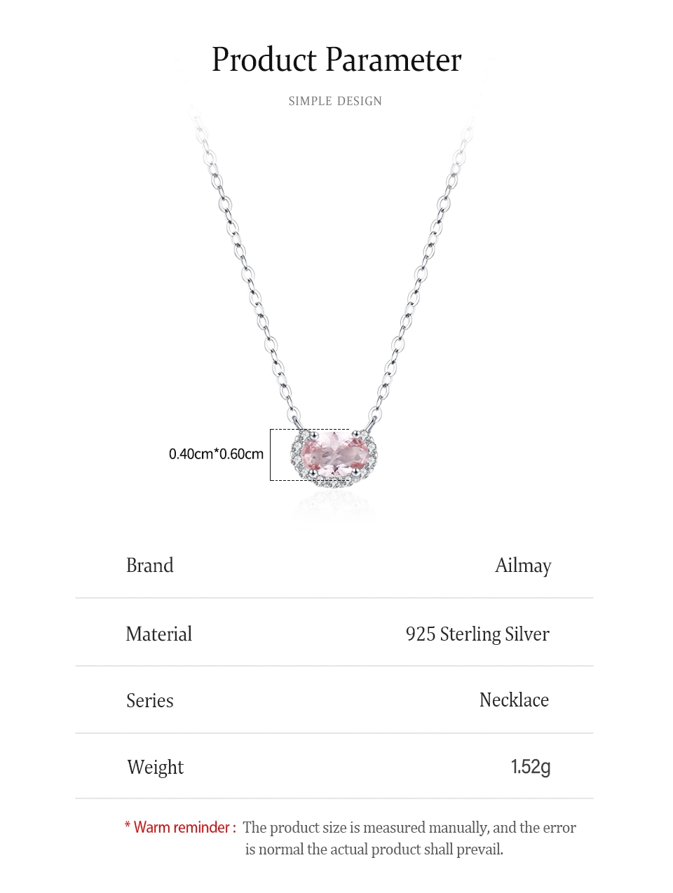 U Shape Pink Zircon Pendant Necklace Real 925 Sterling Silver