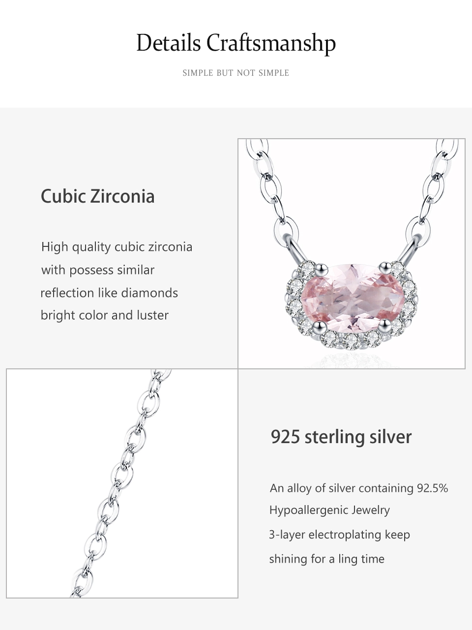 U Shape Pink Zircon Pendant Necklace Real 925 Sterling Silver