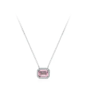 Romantic Pink Rectangle Cut Zircon Pendant Necklace 925 Sterling Silver