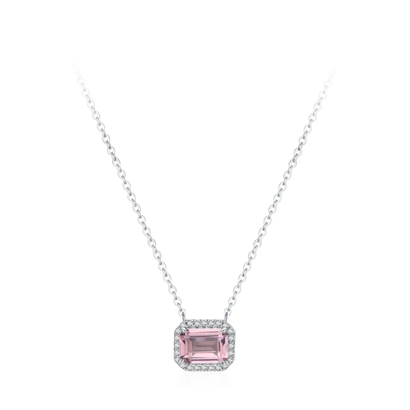 Romantic Pink Rectangle Cut Zircon Pendant Necklace 925 Sterling Silver