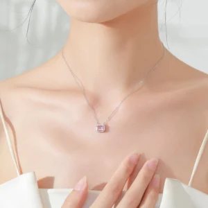 Romantic Pink Rectangle Cut Zircon Pendant Necklace 925 Sterling Silver