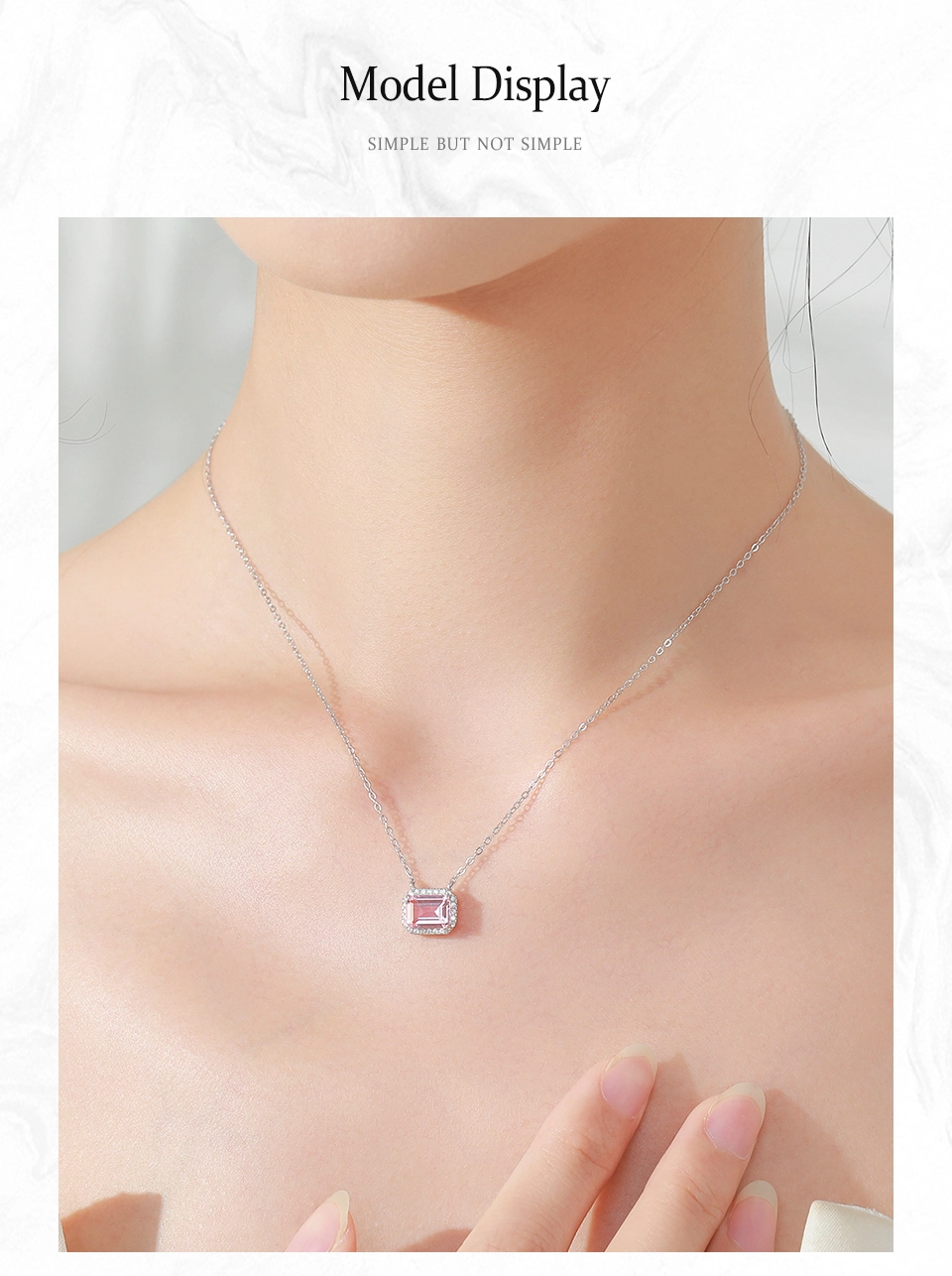 Romantic Pink Rectangle Cut Zircon Pendant Necklace 925 Sterling Silver