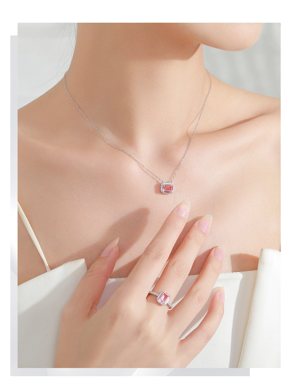 Romantic Pink Rectangle Cut Zircon Pendant Necklace 925 Sterling Silver