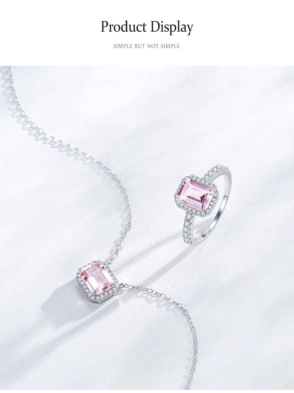 Romantic Pink Rectangle Cut Zircon Pendant Necklace 925 Sterling Silver