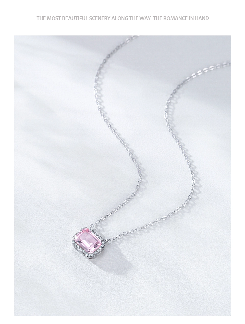 Romantic Pink Rectangle Cut Zircon Pendant Necklace 925 Sterling Silver