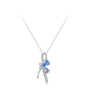 Bow Pendant Necklace Blue Water Droplet Zircon Sterling Silver
