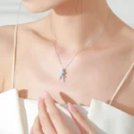 Bow Pendant Necklace Blue Water Droplet Zircon Sterling Silver