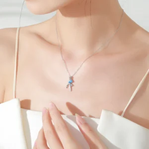 Bow Pendant Necklace Blue Water Droplet Zircon Sterling Silver