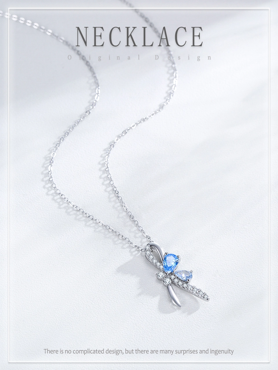 Bow Pendant Necklace Blue Water Droplet Zircon Sterling Silver