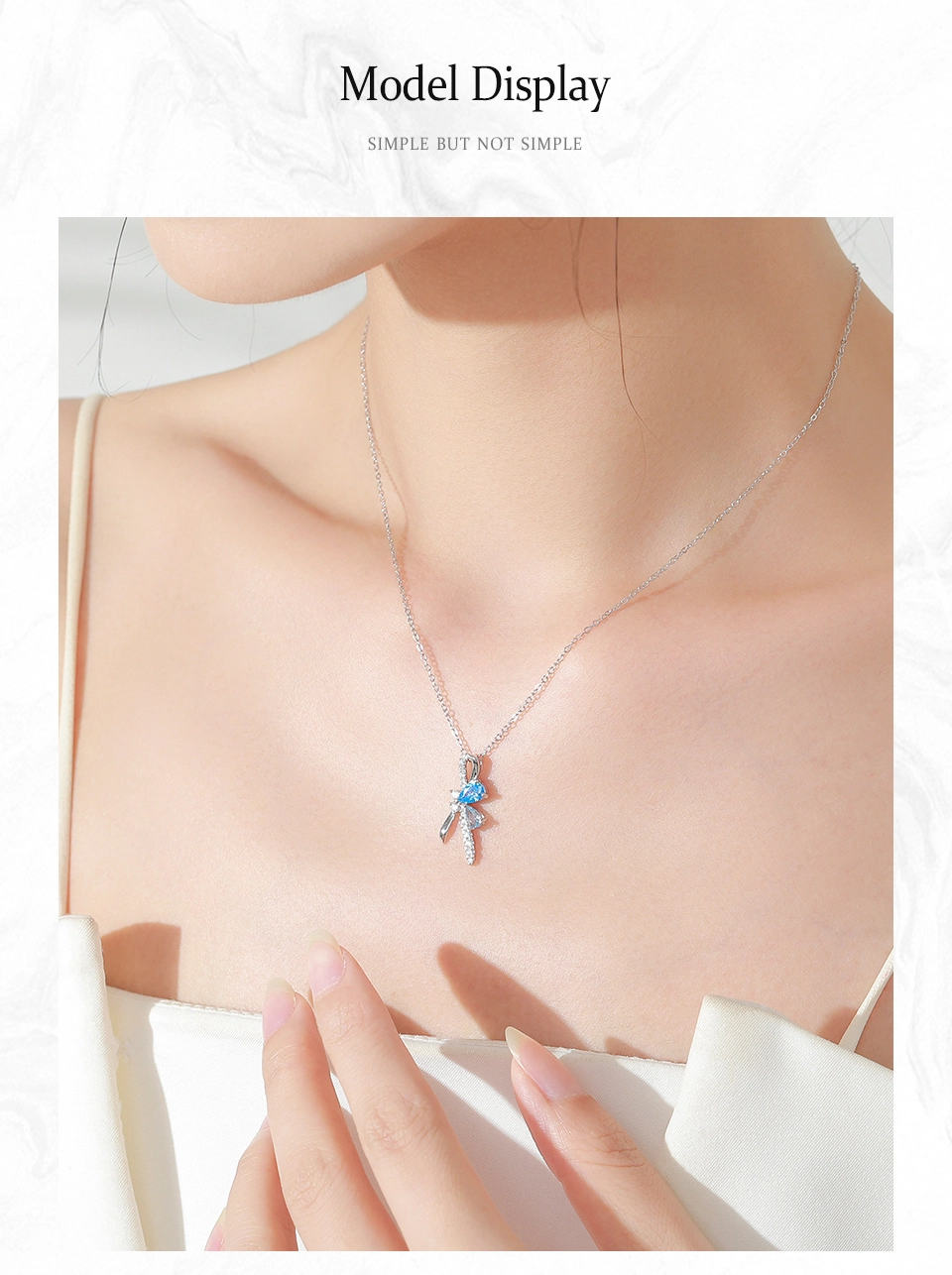 Bow Pendant Necklace Blue Water Droplet Zircon Sterling Silver