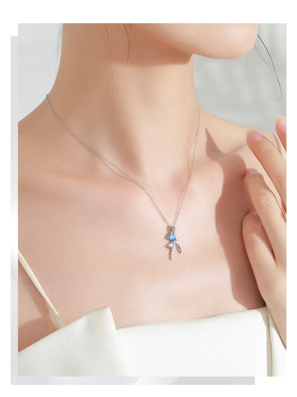 Bow Pendant Necklace Blue Water Droplet Zircon Sterling Silver