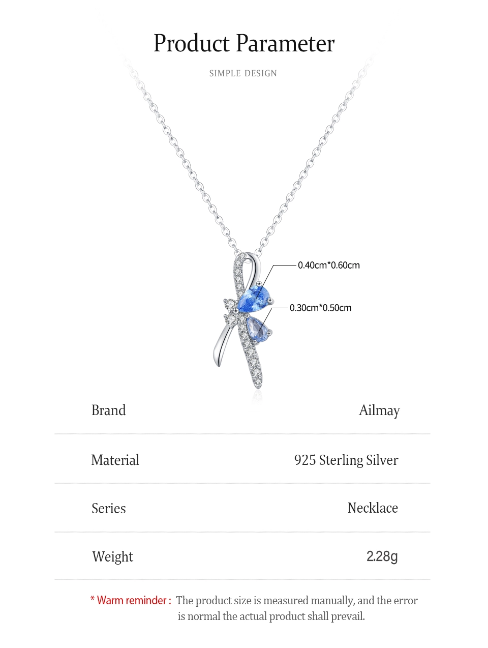 Bow Pendant Necklace Blue Water Droplet Zircon Sterling Silver