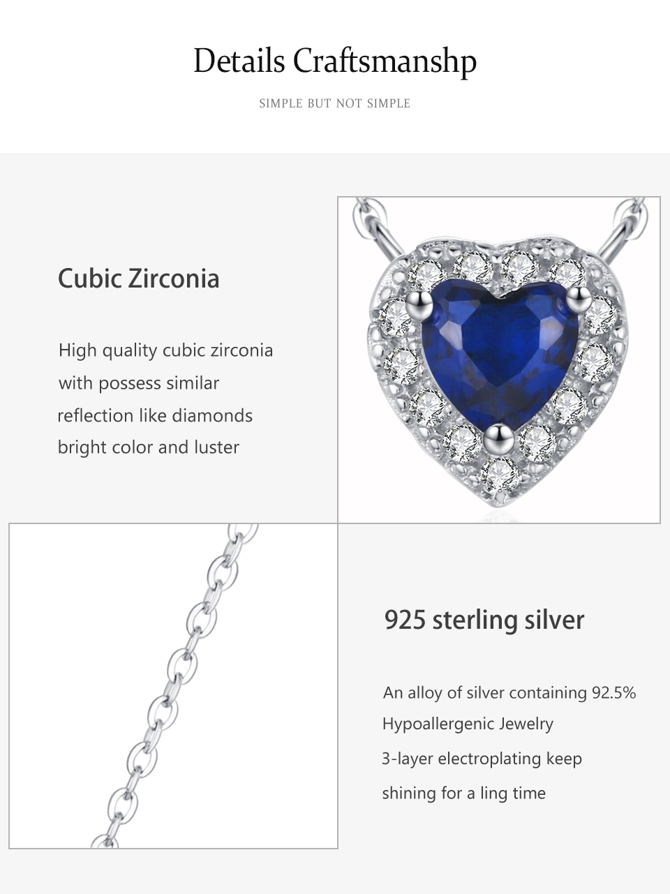 Heart of Ocean Blue Love Forever Pendant Necklace Sterling Silver