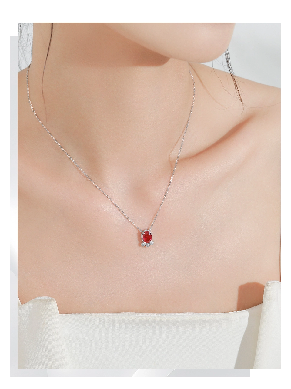 Oval Red Zircon Pendant Necklace 925 Sterling Silver