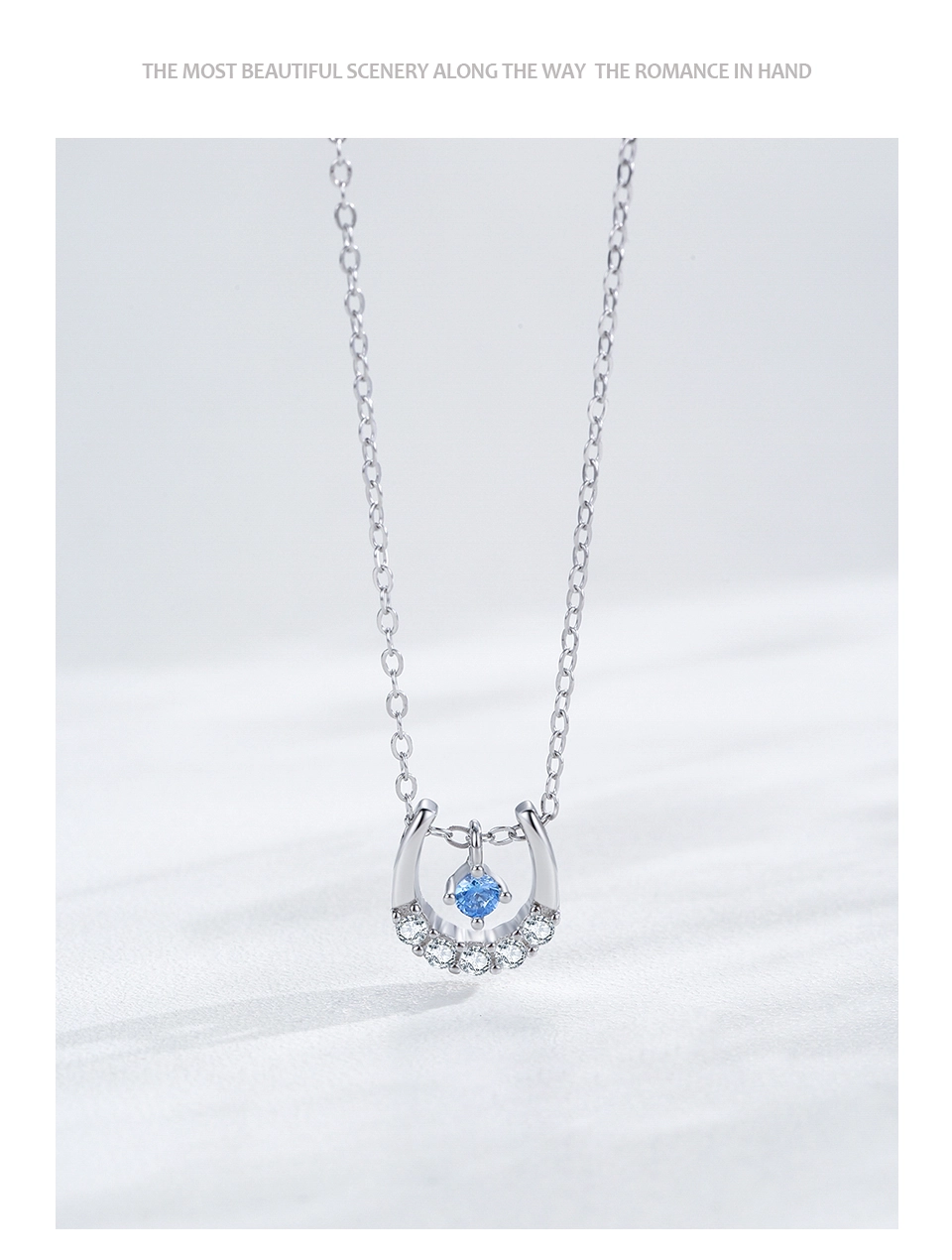 Lucky Horseshoe Pendant Necklace Blue Zircon Sterling Silver