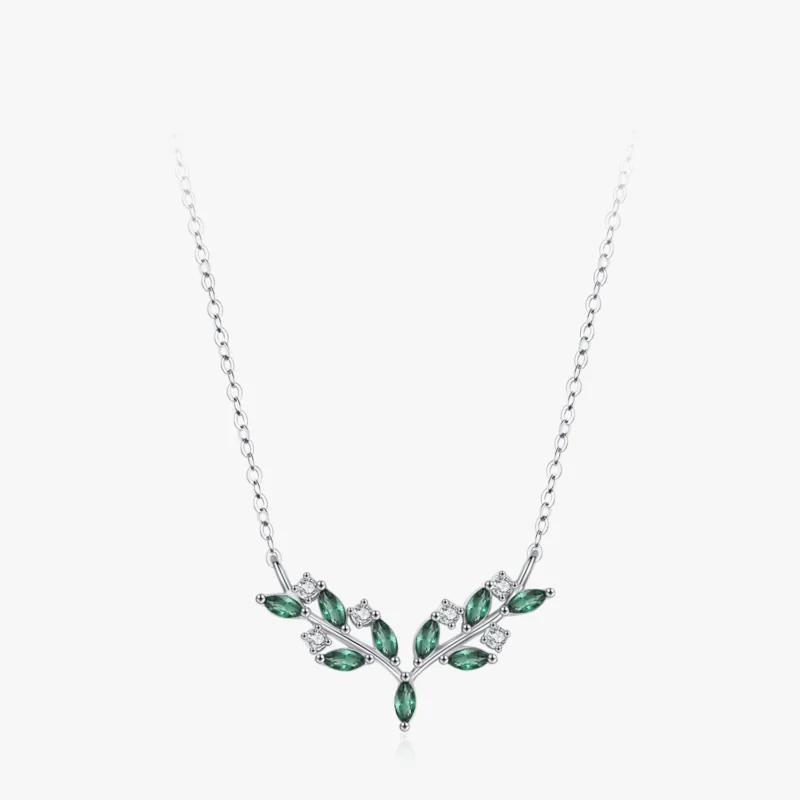 Green Zircon Olive Branch Leaves Pendant Necklace Sterling Silver