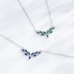 Green Zircon Olive Branch Leaves Pendant Necklace Sterling Silver