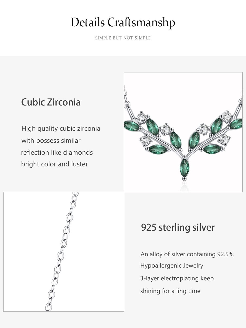 Green Zircon Olive Branch Leaves Pendant Necklace Sterling Silver