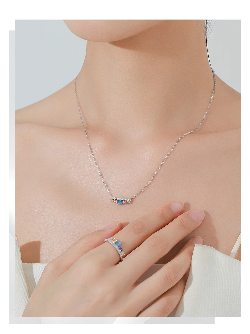 Colored Geometric Zircon Pendant Necklace Sterling Silver