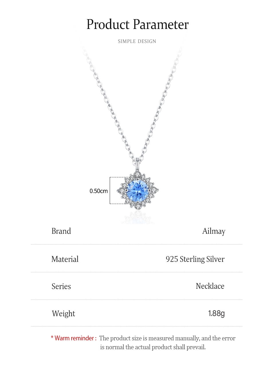 Sea Blue Zircon Pendant Necklace 925 Sterling Silver