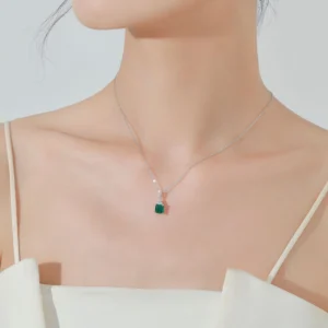 Square Green Zircon Pendant Necklace 925 Sterling Silver