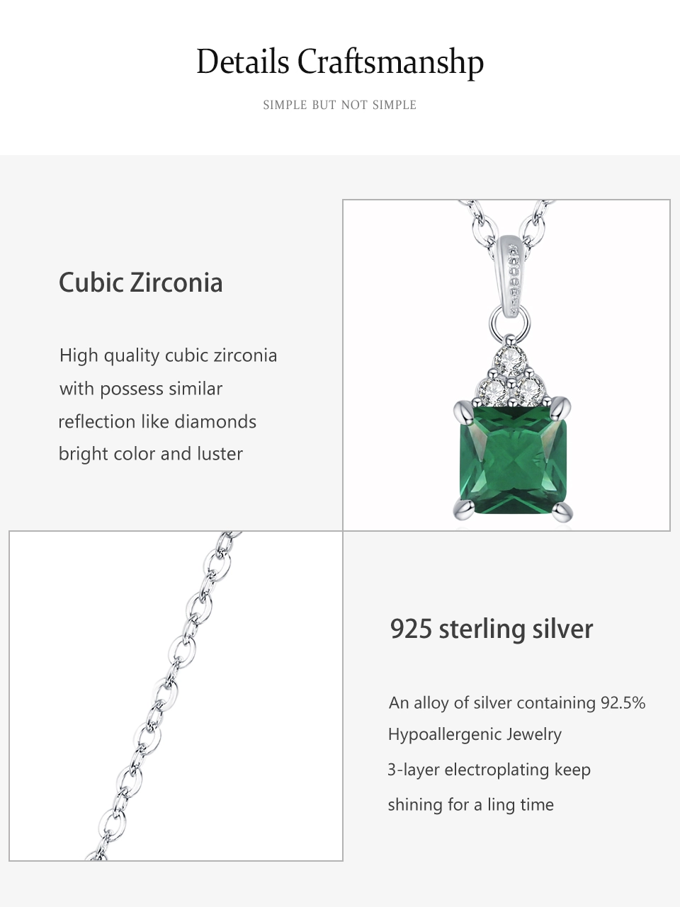 Square Green Zircon Pendant Necklace 925 Sterling Silver