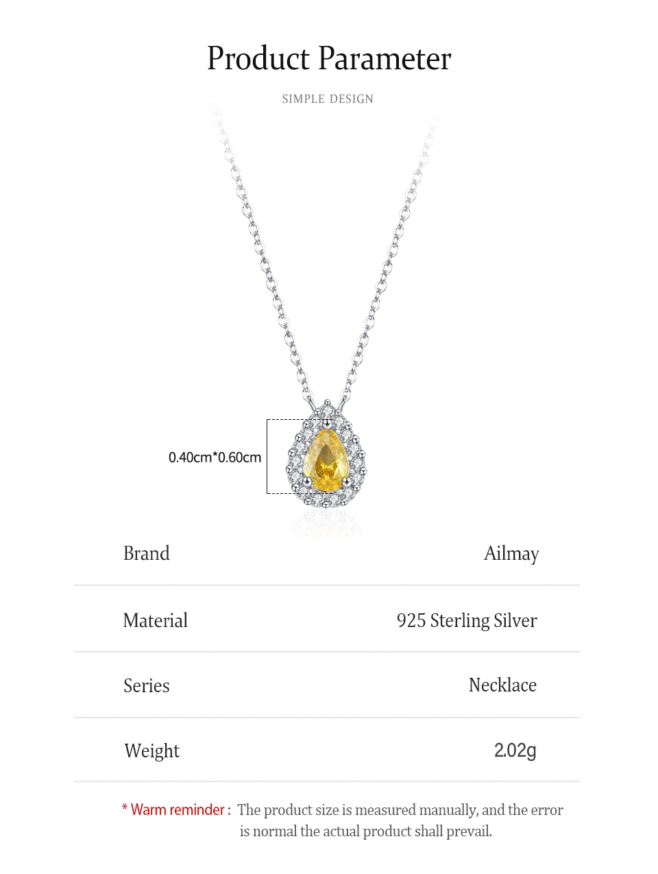 Water Drop Yellow Zircon Pendant Necklace 925 Sterling Silver