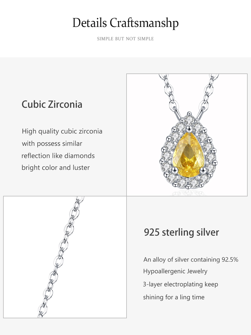 Water Drop Yellow Zircon Pendant Necklace 925 Sterling Silver