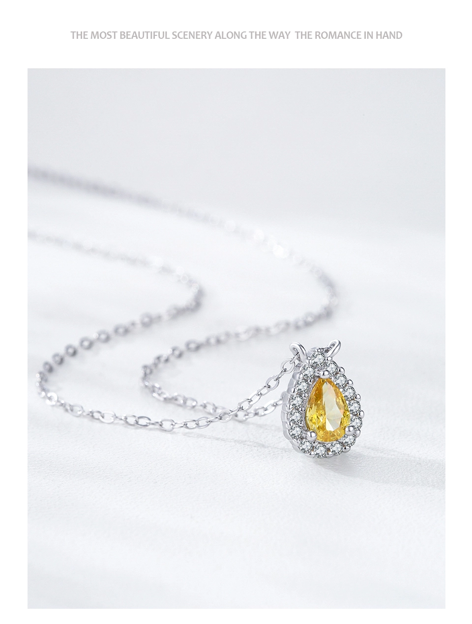 Water Drop Yellow Zircon Pendant Necklace 925 Sterling Silver