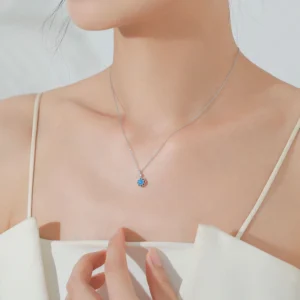 Blue Zircon Flower Pendant Necklace 925 Sterling Silver