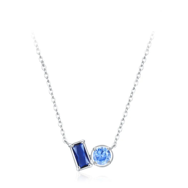 Rectangular Round Blue Zircon Necklace 925 Sterling Silver