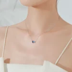 Rectangular Round Blue Zircon Necklace 925 Sterling Silver